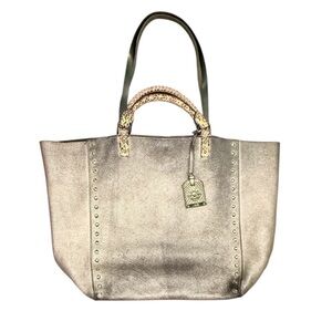 Rafe Silver/Black Metallic Leather Large Tote Bag w/ Snakeskin & Studs $498